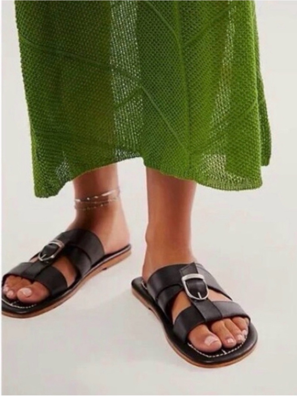 Free People Sloan Buckle Sandals Black Leather Flats- Size 7.5